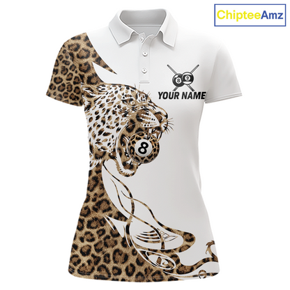Front views of a white billiards polo with leopard-print panels, a roaring leopard graphic, custom team text, and 8-ball details.