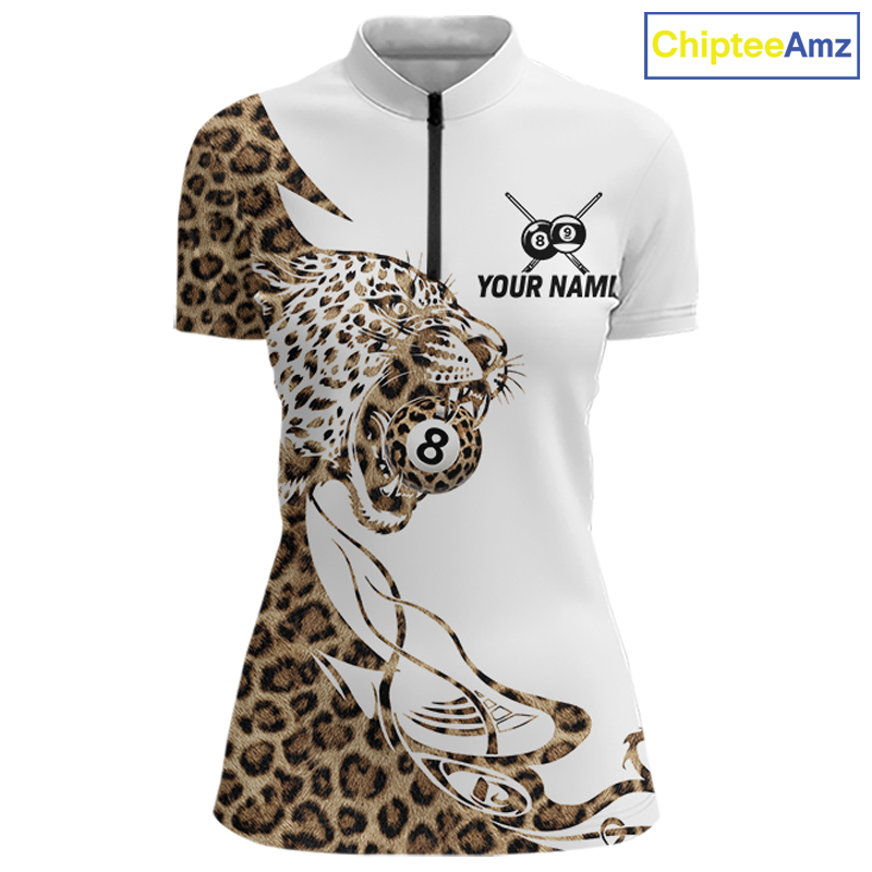 Front views of a white billiards quarter zip with leopard-print panels, a roaring leopard graphic, custom team text, and 8-ball details.