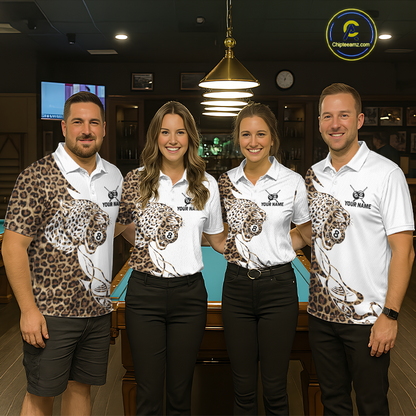 Four people wearing matching shirts with a leopard print design in a bar setting.