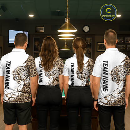 Four people wearing leopard 9 ball billiard shirts with a logo in a billiard league
