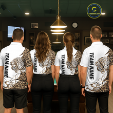 Load image into Gallery viewer, Four people wearing leopard 9 ball billiard shirts with a logo in a billiard league
