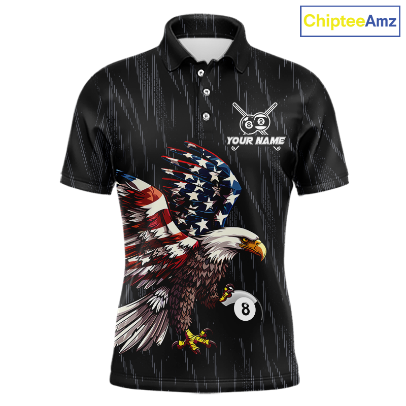 Black polo billiard shirt with American flag eagle 8 ball design and customizable text on a white background