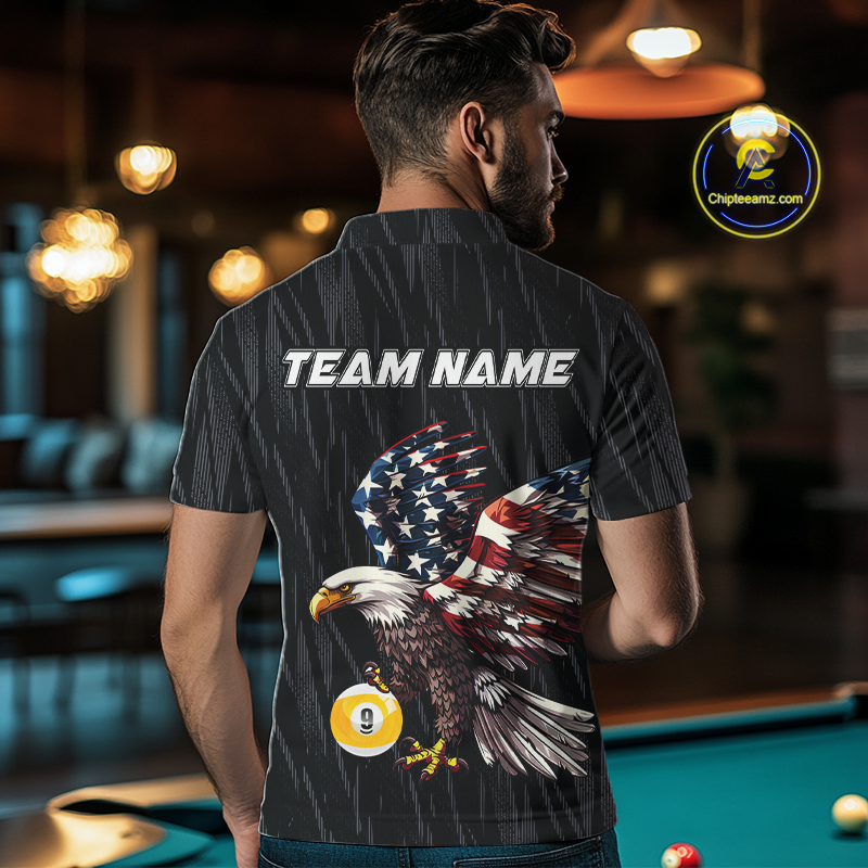 Men polo billiard shirt with American flag eagle 9 ball design and customizable text on a white background