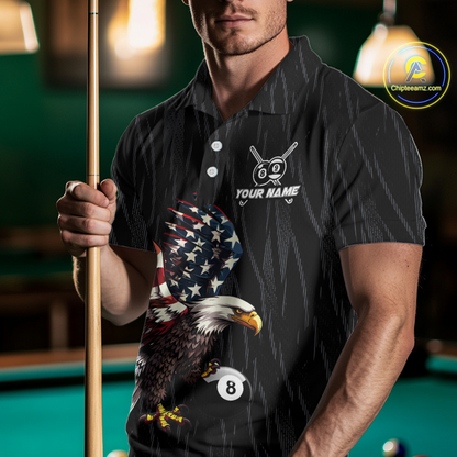 Men polo billiard shirt with American flag eagle 8 ball design and customizable text on a white background
