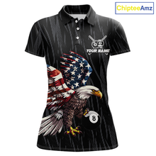 Load image into Gallery viewer, Black polo billiard shirt with American flag eagle 8 ball design and customizable text on a white background
