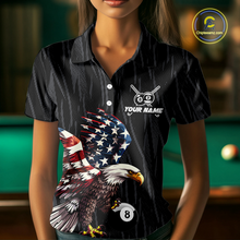 Load image into Gallery viewer, Women polo billiard shirt with American flag eagle 8 ball design and customizable text on a white background