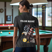 Load image into Gallery viewer, Women polo billiard shirt with American flag eagle 9 ball design and customizable text on a white background