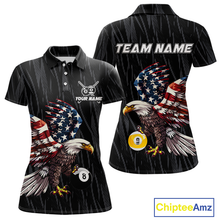 Load image into Gallery viewer, Front and back views of a black billiards polo with a distressed American flag eagle pattern and large 8-ball and 9-ball graphics.