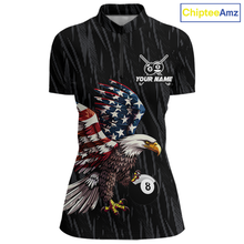 Load image into Gallery viewer, Black quarter zip billiard shirt with American flag eagle 8 ball design and customizable text on a white background