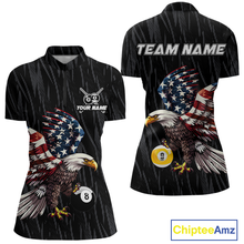 Load image into Gallery viewer, Front and back views of a black billiards quarter zip with a distressed American flag eagle pattern and large 8-ball and 9-ball graphics.