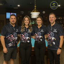 Load image into Gallery viewer, Four people wearing american flag eagle 8 ball billiard shirts with a logo in a billiard league