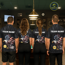 Load image into Gallery viewer, Four people wearing american flag eagle 9 ball billiard shirts with a logo in a billiard league