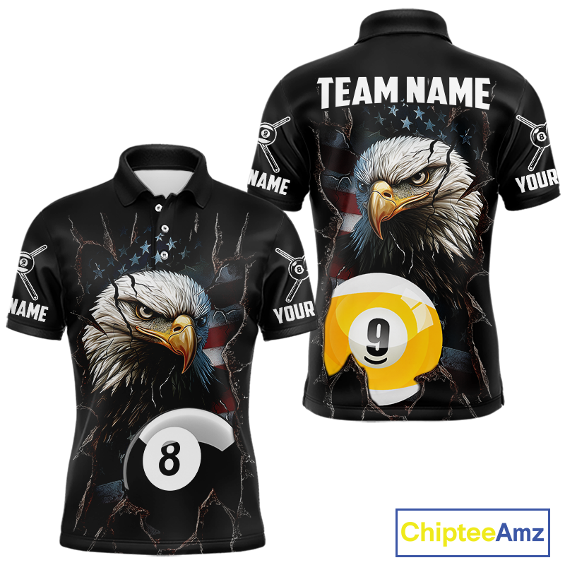 Front and back views of a black billiards polo featuring a bald eagle graphic, cracked flag background, and large 8-ball and 9-ball designs.