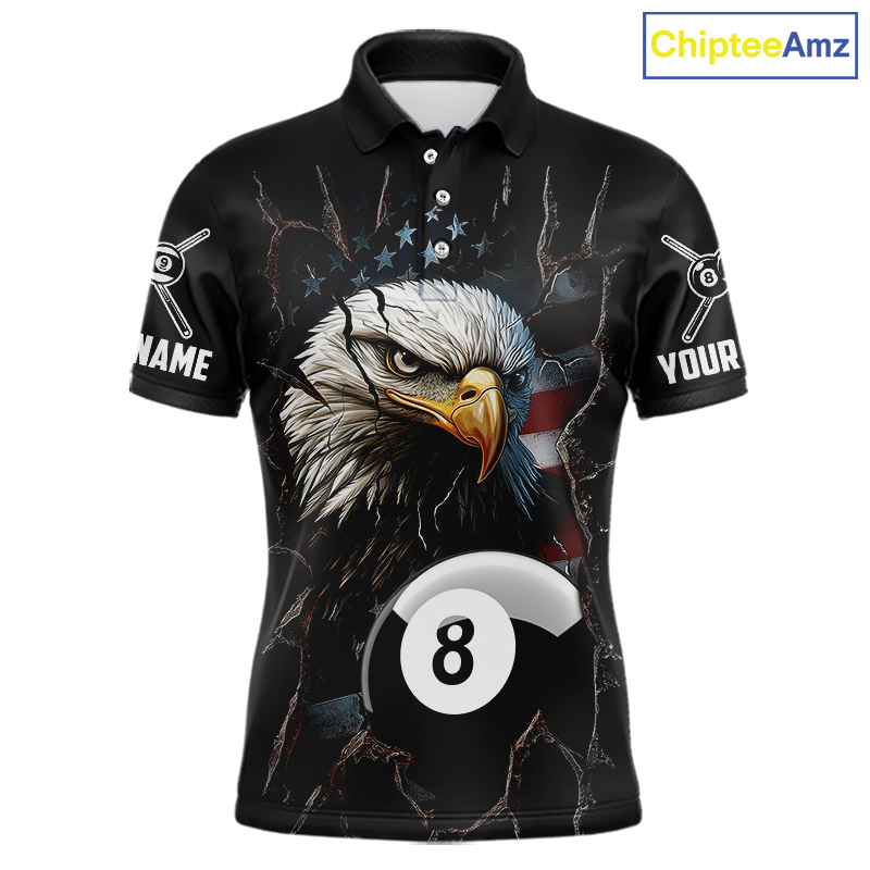 Front views of a black billiards polo featuring a bald eagle graphic, cracked flag background, and large 8-ball designs.