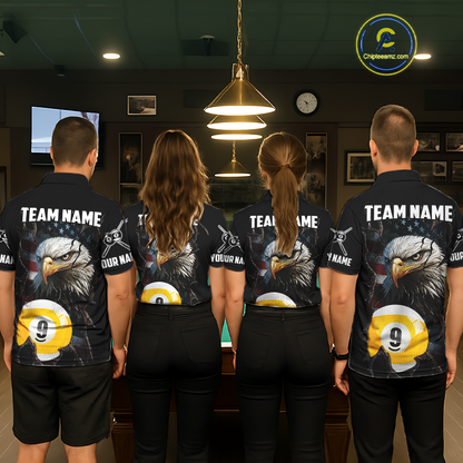Four teammates in a billiards hall wearing matching black eagle-themed pool polos with cracked flag artwork, sleeve name text, and large 9-ball graphics.