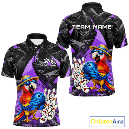 Colorful polo shirt with parrot design and customizable text on a white background