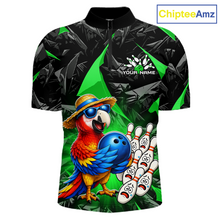Load image into Gallery viewer, Colorful parrot with a bowling ball and pins design on a black and green background, branded 'ChipteeAmz'.