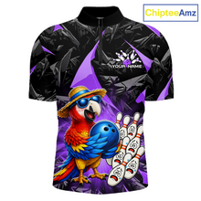 Load image into Gallery viewer, Colorful parrot bowling shirt with bowling elements and 'ChipteeAmz' branding.