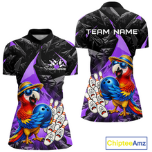 Load image into Gallery viewer, Bowling shirt with parrot design and customizable text on a white background