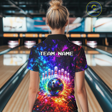 Load image into Gallery viewer, Person wearing a colorful bowling shirt with 'TEAM NAME' text in a bowling alley.