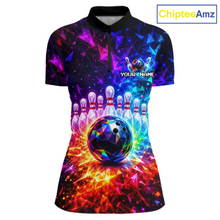 Load image into Gallery viewer, Colorful bowling-themed shirt with a bowling ball and pins design on a white background, branded 'ChipteeAmz'.