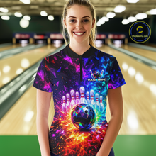 Load image into Gallery viewer, Person wearing a colorful bowling shirt with a bowling ball and pins design in a bowling alley.