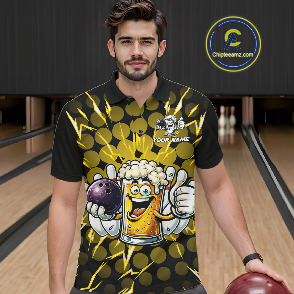 Custom Yellow Funny Beer Bowling Jersey for Men Bowling Team Shirts Polo & 1/4 Zip HNT187