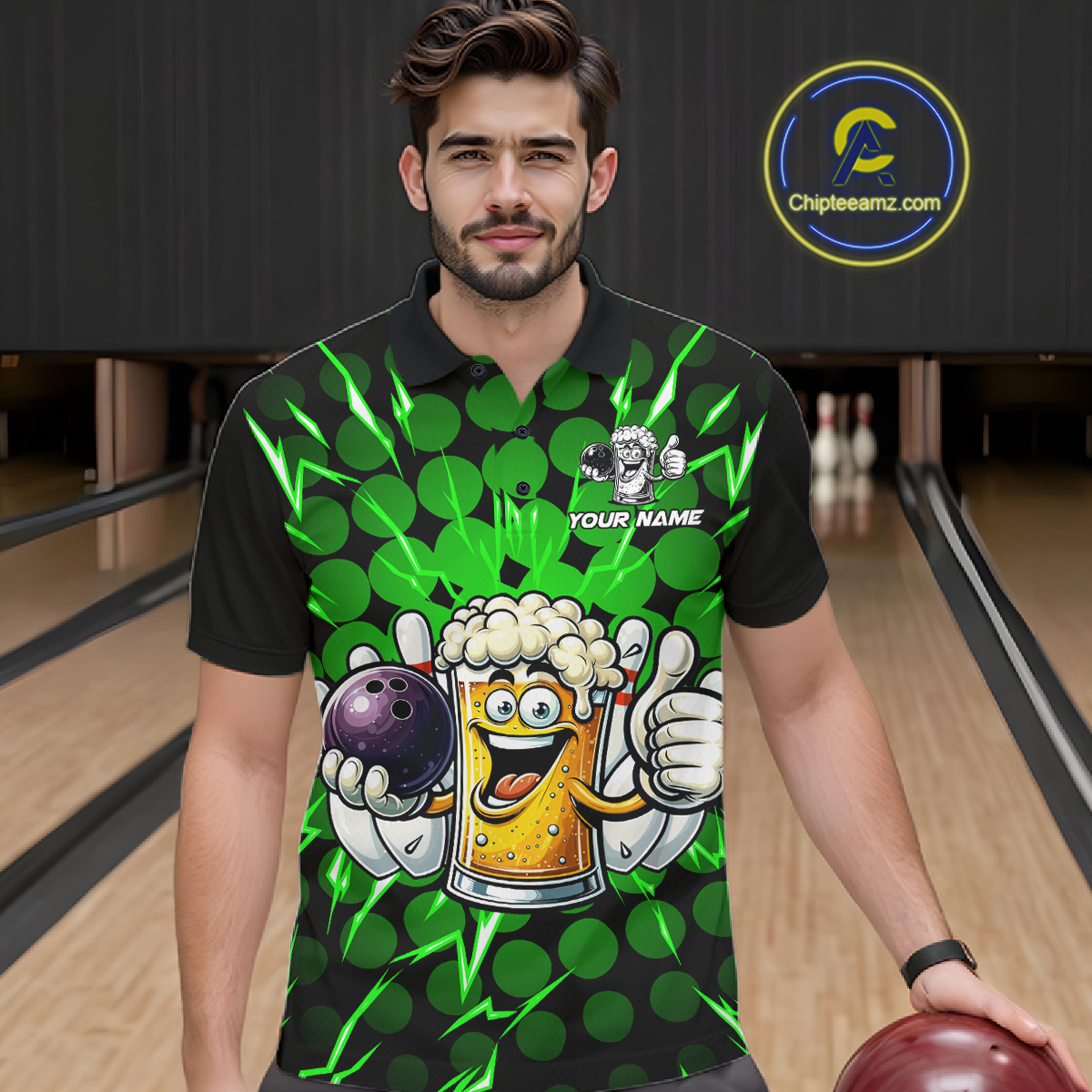 Custom Green Funny Beer Bowling Jersey for Men Bowling Team Shirts Polo & 1/4 Zip HNT187