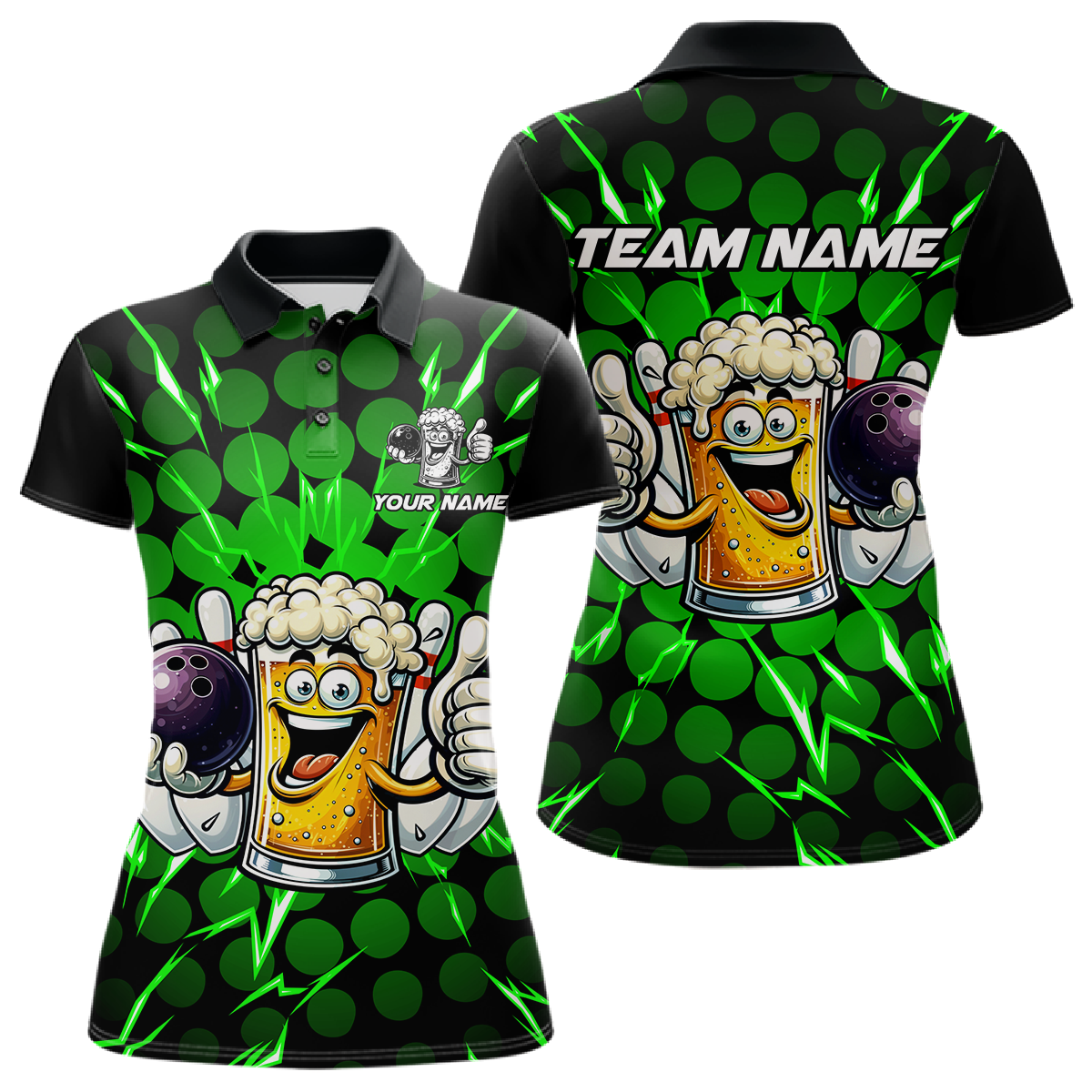 Custom Green Funny Beer Bowling Jersey for Women Bowling Team Shirts Polo & 1/4 Zip HNT187