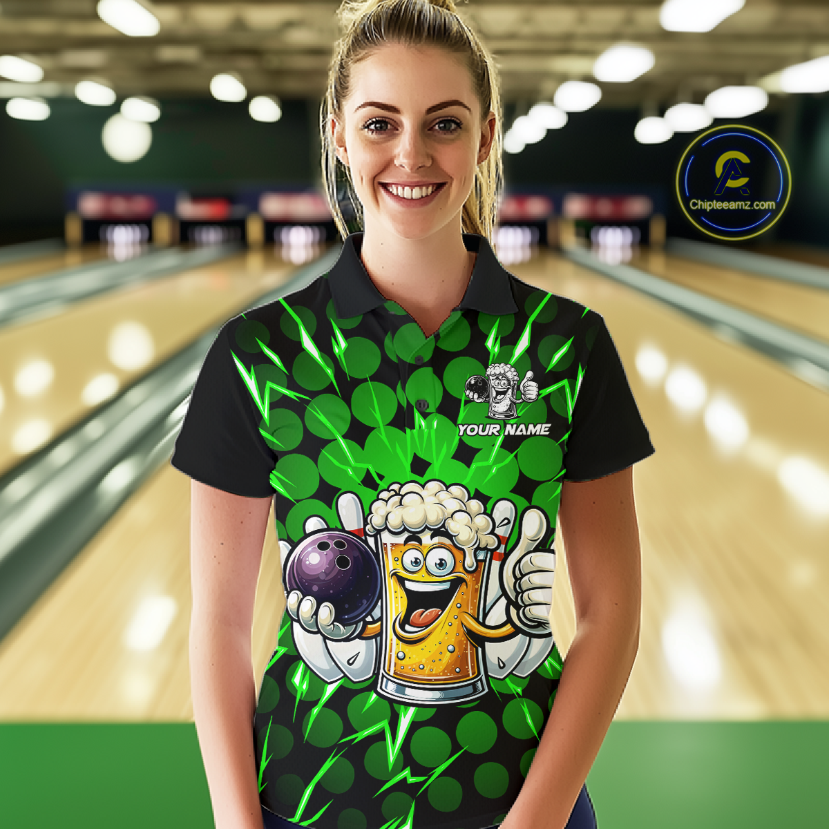 Custom Green Funny Beer Bowling Jersey for Women Bowling Team Shirts Polo & 1/4 Zip HNT187