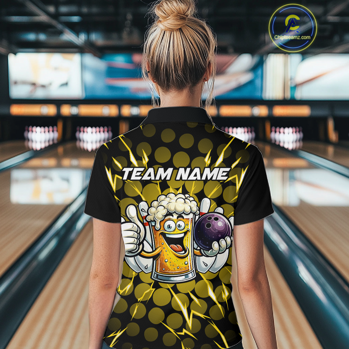 Custom Yellow Funny Beer Bowling Jersey for Women Bowling Team Shirts Polo & 1/4 Zip HNT187