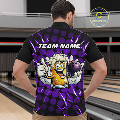 Custom Purple Funny Beer Bowling Jersey for Men Bowling Team Shirts Polo & 1/4 Zip HNT187
