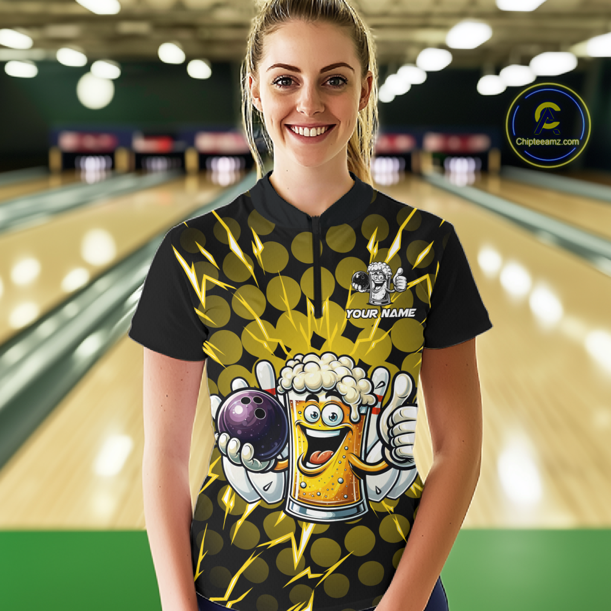 Custom Yellow Funny Beer Bowling Jersey for Women Bowling Team Shirts Polo & 1/4 Zip HNT187