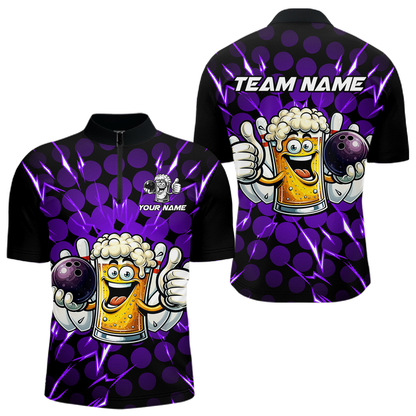 Custom Purple Funny Beer Bowling Jersey for Men Bowling Team Shirts Polo & 1/4 Zip HNT187