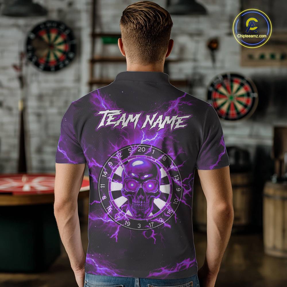 Custom Purple Lightning Thunder Skull Dart Shirts For Men Darts Team Jerseys Polo & 1/4 Zip NNT135