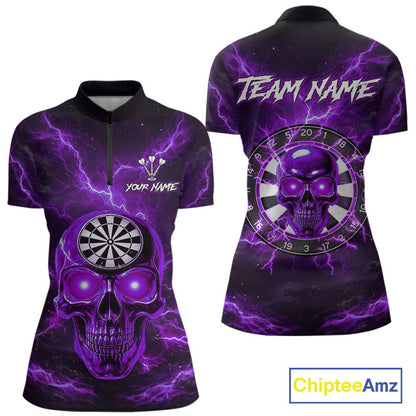 Custom Purple Lightning Thunder Skull Dart Shirts For Women Darts Team Jerseys Polo & 1/4 Zip NNT135