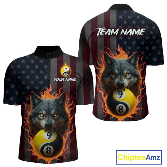Custom US Wolf 8 9 Ball Yin Yang Billiard Shirts for Men Billiard Team Shirts Billiard League Polo & 1/4 Zip NNT92