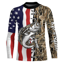 Load image into Gallery viewer, Bass Fishing American Flag Camo Custom Name 3D All over printed UV protection Shirts Fishing gift TTN09