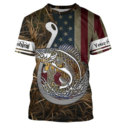Walleye Fishing American Flag Custom Long Sleeve Shirts, Patriotic Fishing apparel TTN40