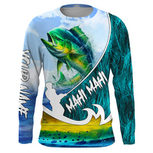 Load image into Gallery viewer, Custom Name Mahi Mahi fishing blue performance Sun/UV Protection shirt, personalized gift TTV91