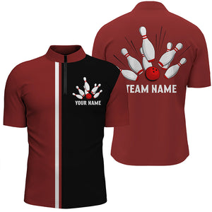 Personalized Red white and black Retro Bowling Quarter Zip shirt For Men custom bowling team jerseys TTV135