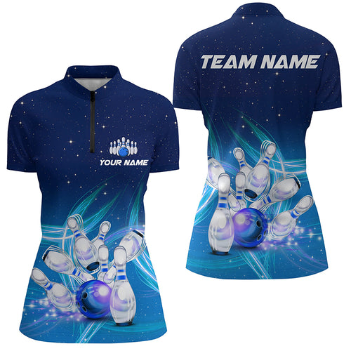 Womens bowling Quarter Zip shirts Custom blue lightning thunder Bowling Team Jersey, gift for Bowlers TTV121