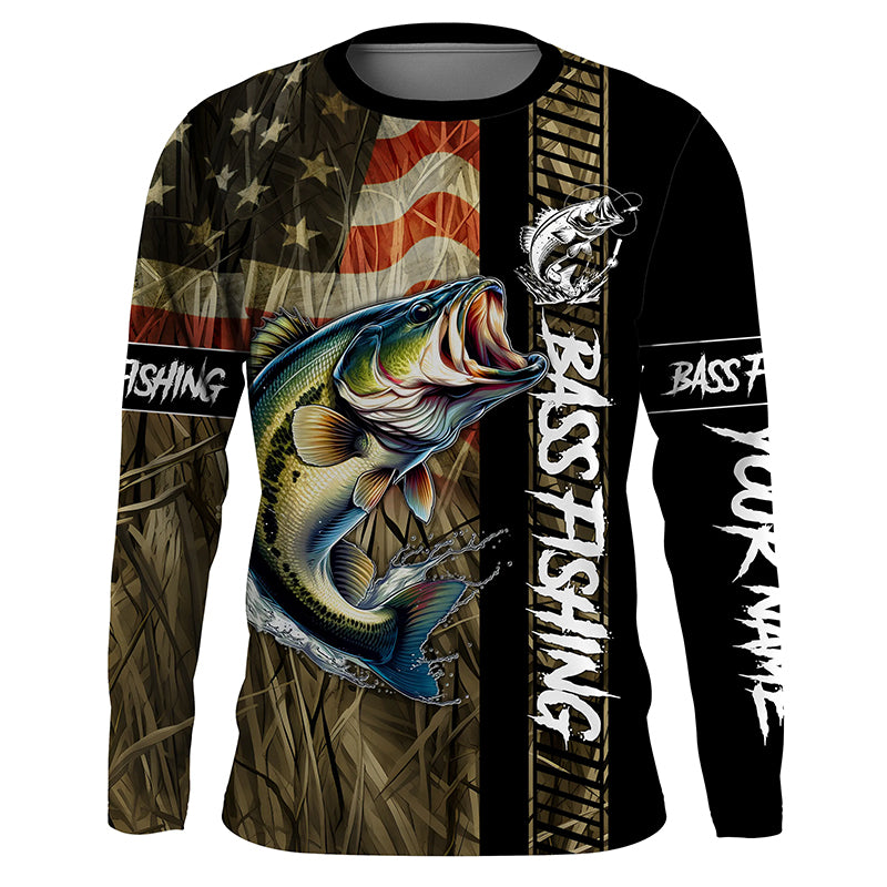 American Flag Bass fishing UV Customize name personalized long sleeves fishing shirts TTV28