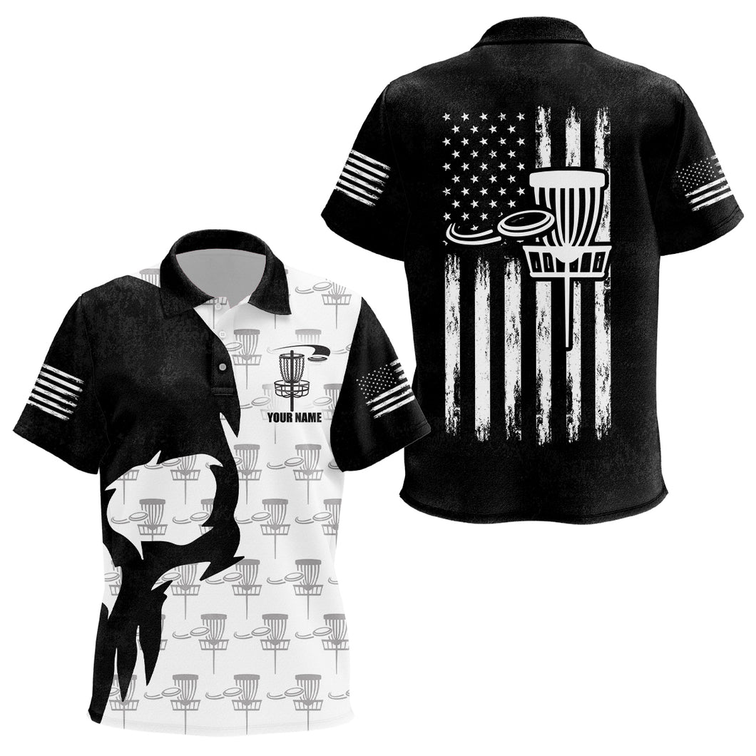 Disc Golf Basket Pattern Black Skull American Flag Kids Polo Shirt Disc Golf Gifts For Kid LDT0375