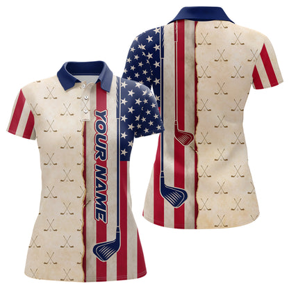 American Flag Vintage Golf Polo Shirts For Womens Custom Name, Patriotic Golf Gifts YYD0060