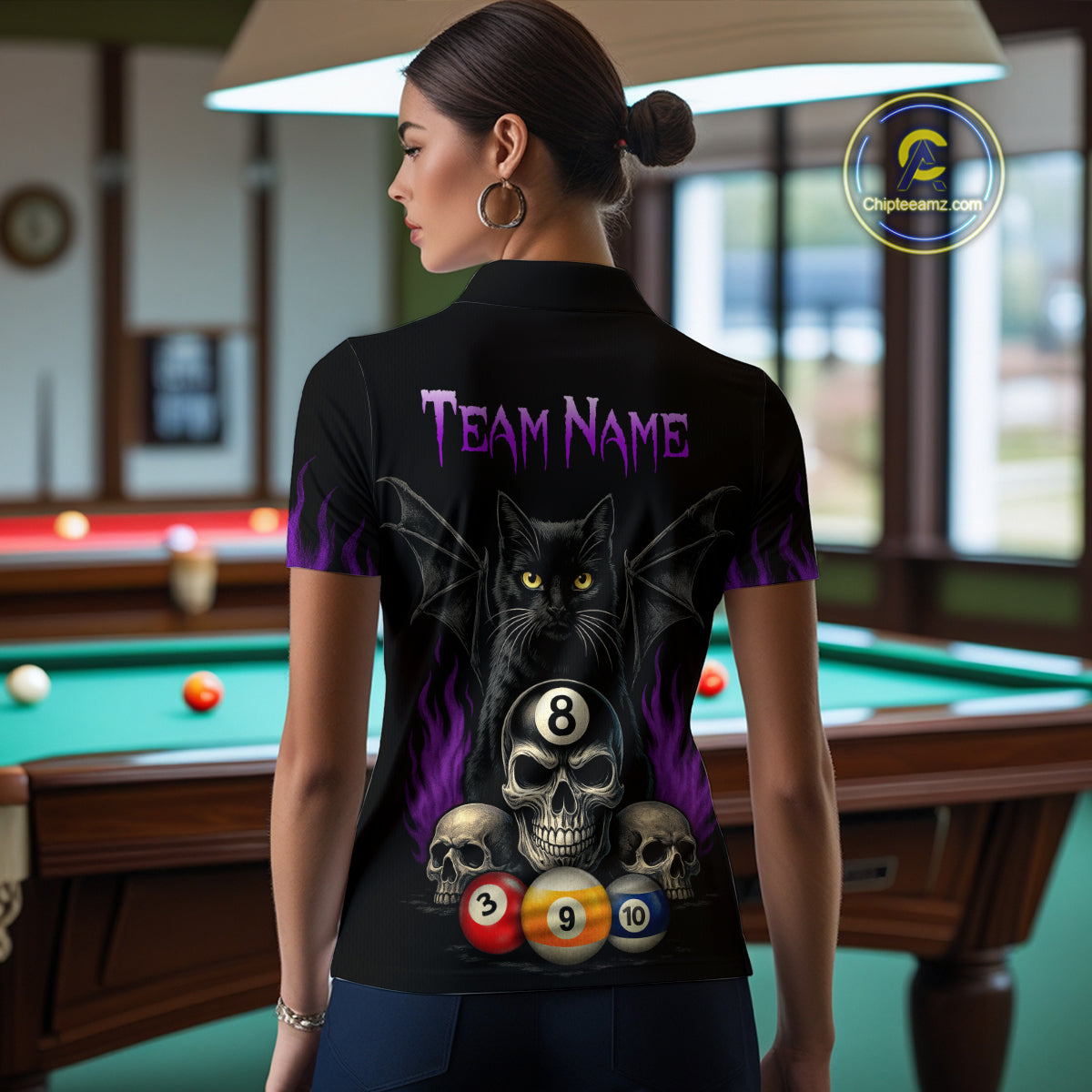 Personalized Name Bat Cat Billards Polo Shirts For Woman  Custom Team Name Billiard Shirt Design YYD0014