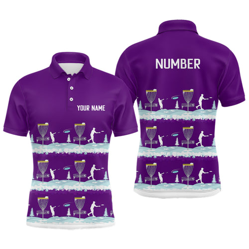 Winter Disc Golf Pattern Mens Disc Golf Polo Shirt Custom Name And Number Disc Golf Gifts For Men | Purple YYD0019