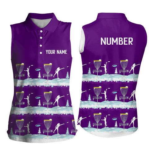Winter Disc Golf Pattern Womens Disc Golf Sleeveless Polo Shirts Custom Name And Number Disc Golf Gifts For Woman | Purple YYD0019