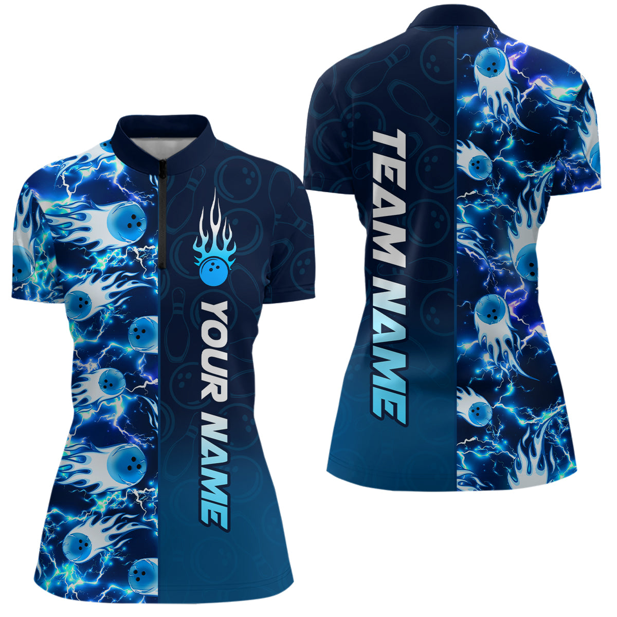 Bowling Quarter Zip Shirts For Women Custom Name Bowling Flame Lightning Team Jersey Shirt YYD0030