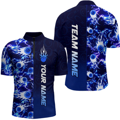Bowling Quarter Zip Shirts For Men Custom Name Bowling Flame Lightning Team Jersey Shirt YYD0030